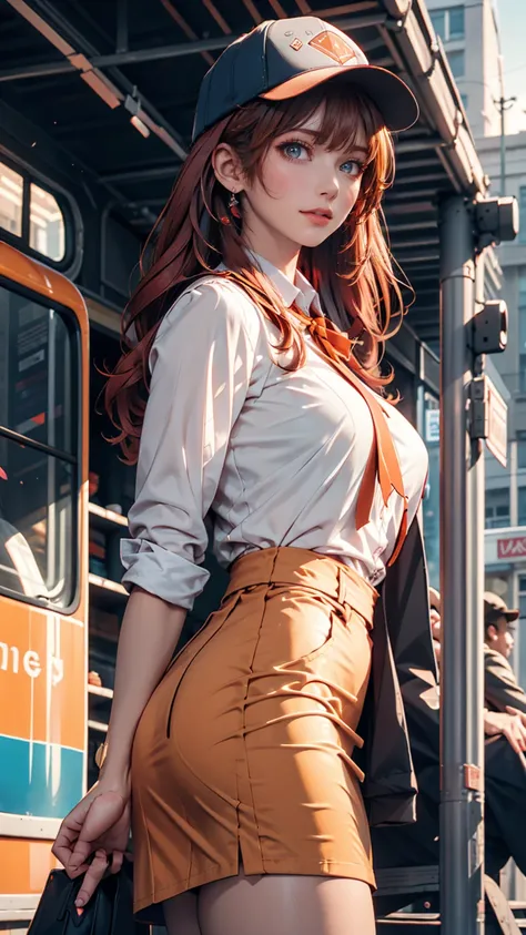  1 girl, Alone,  red hair,  red eyes,  twin tails, Employee uniforms,  pencil skirt, Skeleton pattern, Navy Cap,  orange sky,,  outdoor, station, Standing in front of the bus,, 