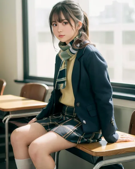 ( best quality, 4K, 8k,  high resolution,  masterpiece, Genuine,  by Nomi,  by Nomi:1.3), (narrowed down the focus
depressed body ),  girl sitting at school desk in classroom, Blue scarf uniform , Dark Blown Blazer ,  the blown plaid skirt  ,  gal makeup, ...