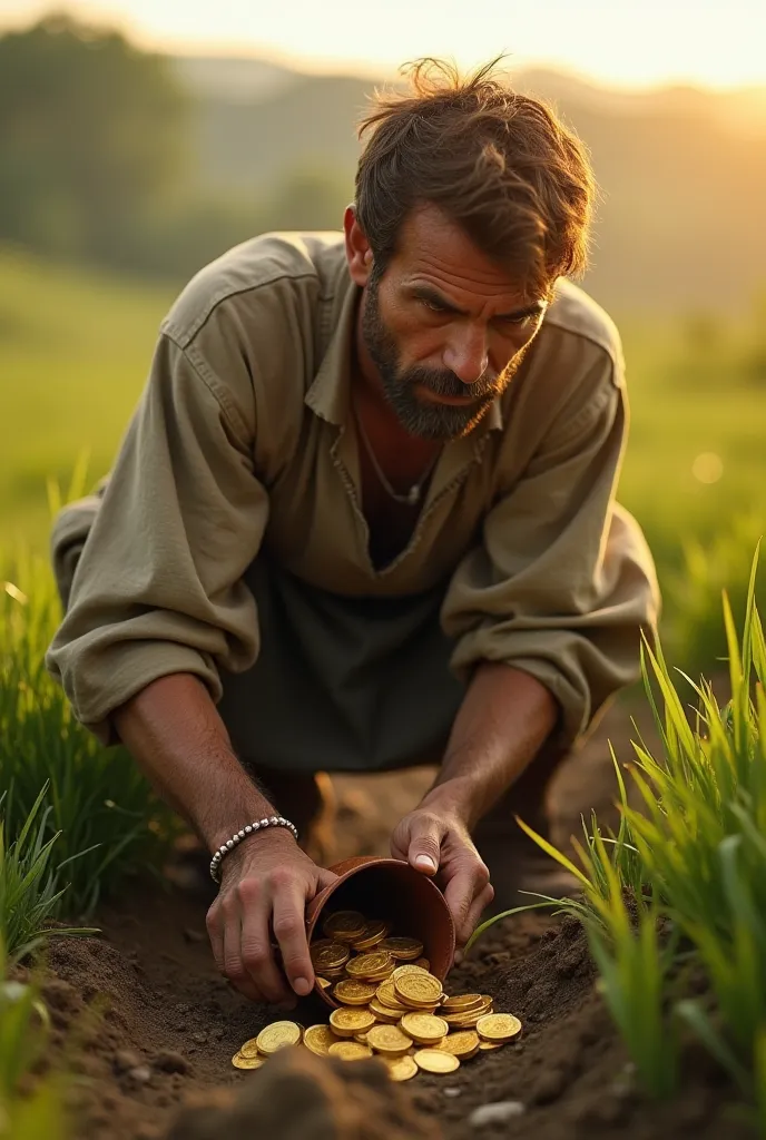 Finding the Treasure
A humble farmer wearing simple clothes is working in a green field under the morning sun. He discovers a heavy leather pouch buried in the soil. His face shows surprise and curiosity as he carefully opens it to reveal shiny gold coins....