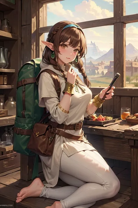 ((best quality))) (((HD))) (((8k))) (character) 20-year-old woman, ((adventurous)), freckles, elf, short stature and plump, chunky ((medium breasts)), (wide hips), long pointy ears, ((beautiful)), ((brown hair)) and ((very long hair)), (leather hair band:1...