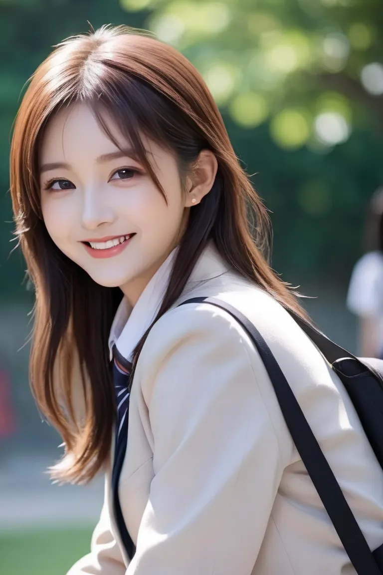 student、 blazer uniform、 girls on the left、 beautiful girl、 reddish brown hair bouncing sideways、 long hair、 miniskirt、Niso、smile、classroom、