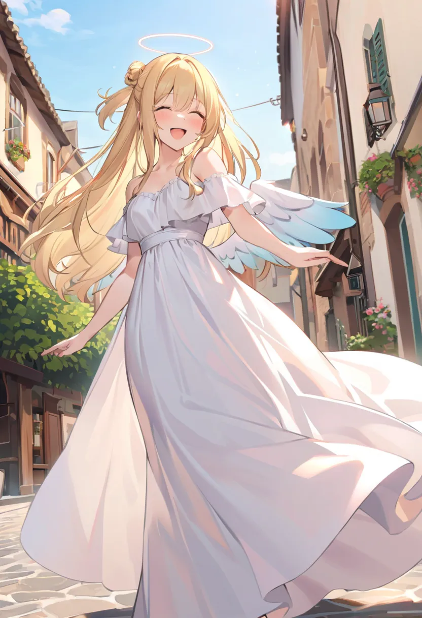 girl,blonde hair,smile,laugh,side parted hairstyle,long hair,おでこ出し,angel wing,white dress,off shoulder,long skirt,sky