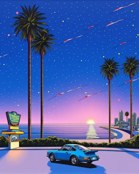 80's city pop art, summer scenery, (wind lines), palm tree, particles, from side, porsche 356, Seascape, tropical, shop, gradient sky, pink sky, early evening, starry sky, crystal clear sea, seashore, sunset, signboard,    . (masterpiece, best quality:1.2)