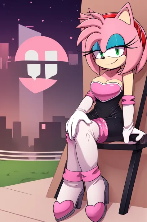 score_9, score_8_up, 2D, flat color, looking at viewer, (1girl), (solo), very detailed, extremely detailed, Amy Rose from the sonic the hedgehog series, portrait, smile, looking at viewers, hair down, hair bangs, large bust, milf, Rouge cosplay, cosplay, R...