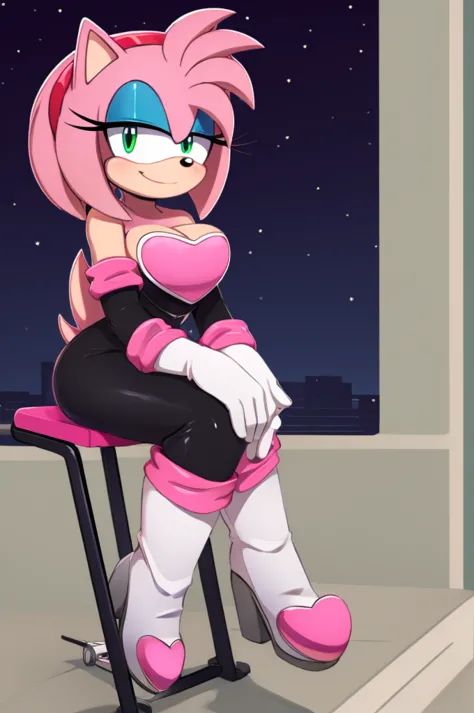 score_9, score_8_up, 2D, flat color, looking at viewer, (1girl), (solo), very detailed, extremely detailed, Amy Rose from the sonic the hedgehog series, portrait, smile, looking at viewers, hair down, hair bangs, large bust, milf, Rouge cosplay, cosplay, R...