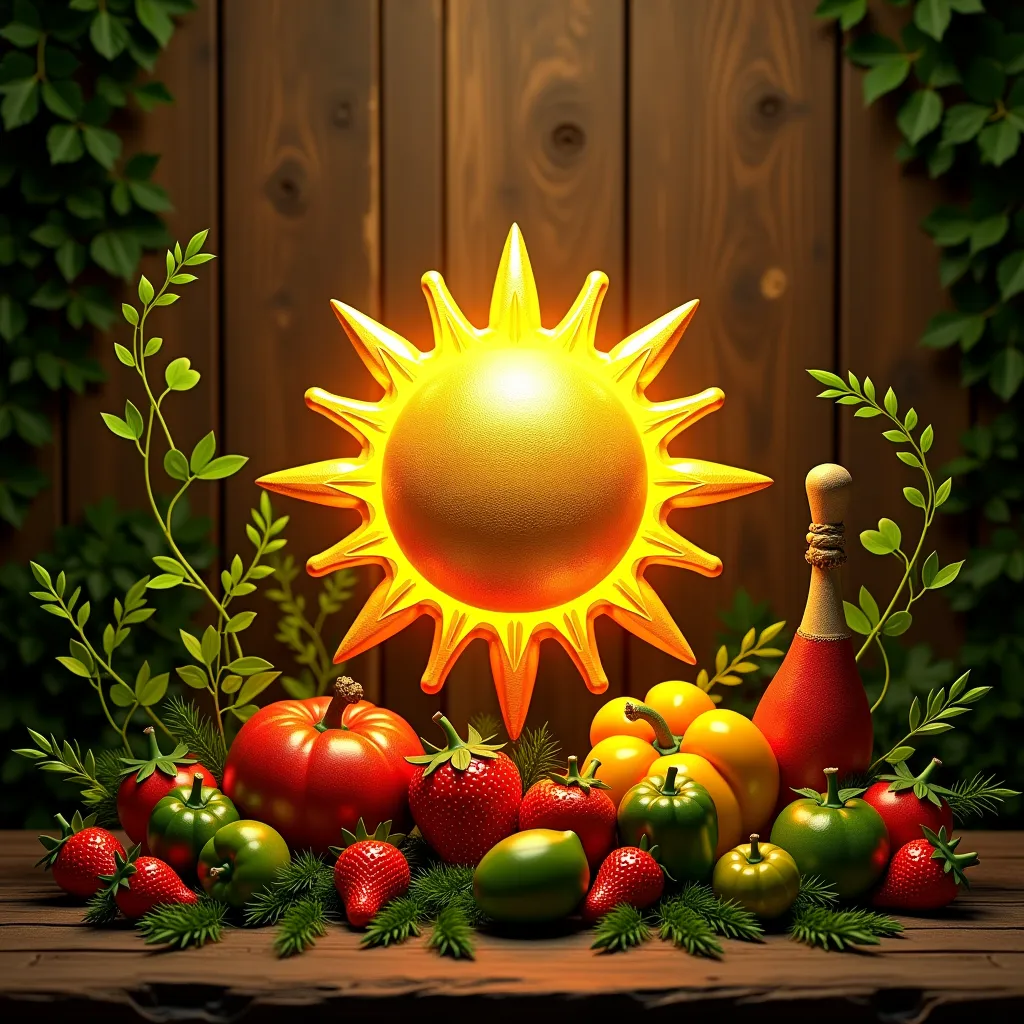 Sun emblem, wood and food. in gold, green and red tones.