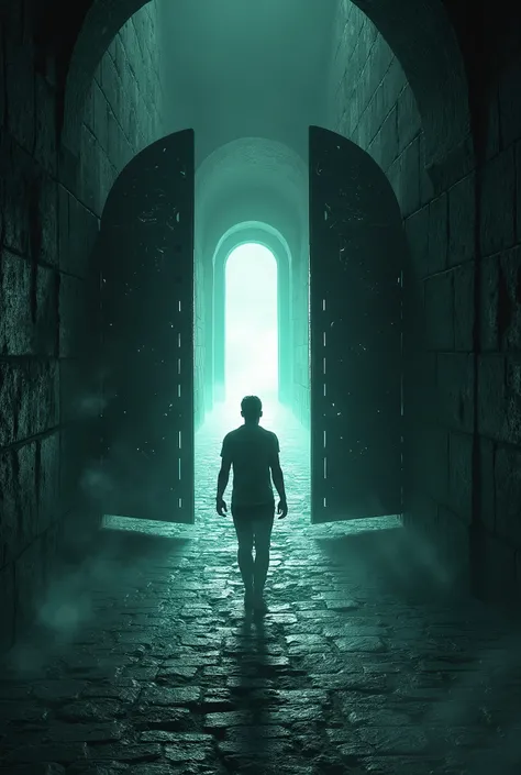 " Pedro walking down a long corridor of ancient stones. Iron doors open on their own in front of you ,  creating a supernatural effect . In the background,  the exit from the prison illuminated by an intense light ."