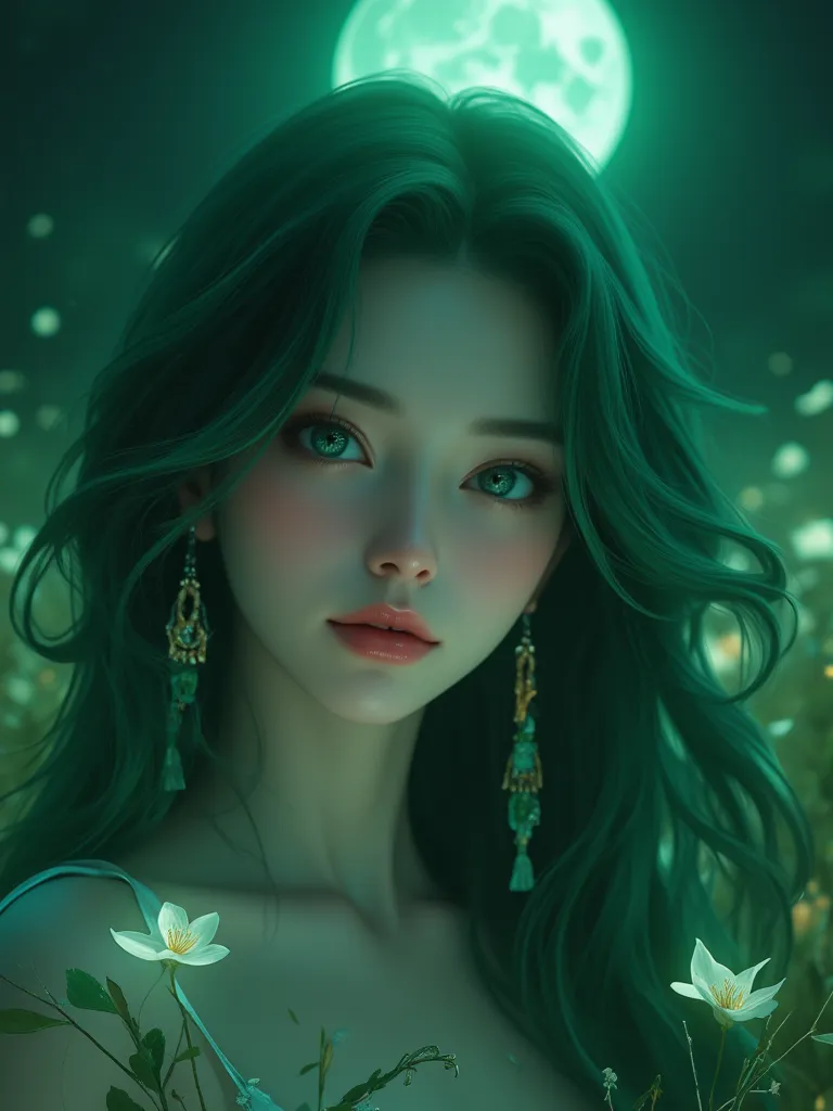 Masterpiece, best quality, 8k, highest quality, best graphic, beautiful eye, beautiful lip, beautiful background, emerald color hair, woman in 20s, huge emerald color moon, emerald color flowers, night time, emerald atmosphere 