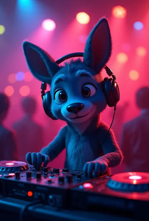 “An animated animal with headphones ,  neon lights and a DJ controller .  In the background,  a vibrant party atmosphere with colorful lights .  The text 'DJ Donca' should appear on the image in a striking and modern style.” Make it masculine
