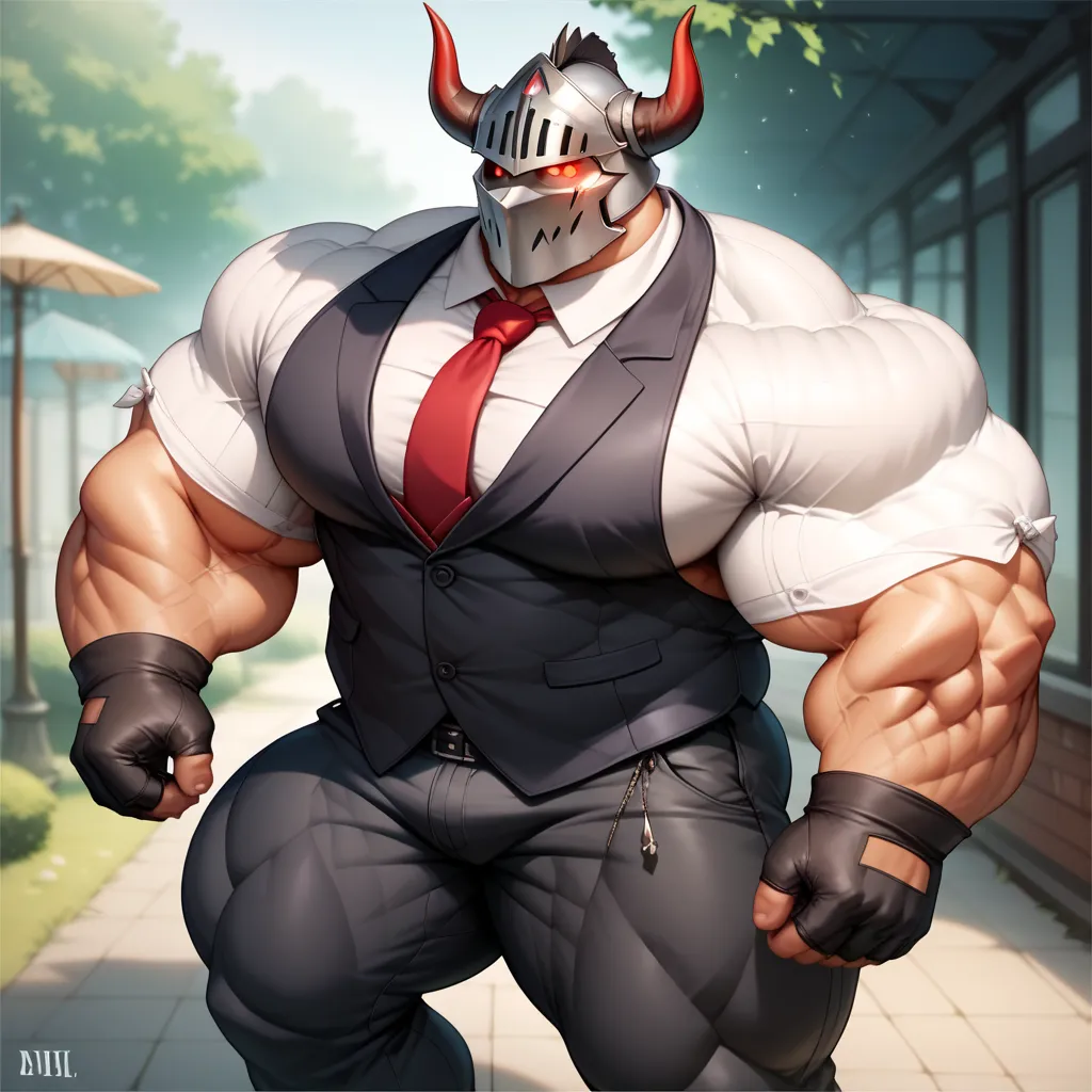 a man with a big giant musclegut tall wide body and big round gut using black vest suit, white shirt, red tie, black underpants, black gloves and knight helmet which cover every of his face with horn on the both side. standing still, solo, very big body, v...