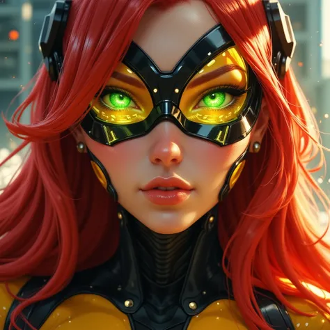 A close-up portrait of a female supervillain with long, flowing red hair and piercing green eyes, exuding intelligence and playful unpredictability. Her design incorporates a wasp-inspired theme, with a two yellow ovals augmented reality visor glowing fain...