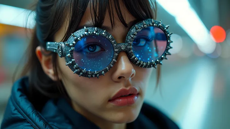 The model is weaDynamic motion, dynamic blur, 30x speed, unsharp edges.ring glass sunglasses with stars and the moon on the glass