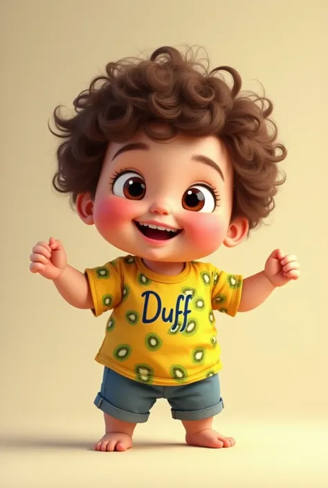 Baby boy with curly hair in a kiwi shirt written Duff