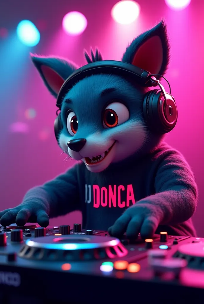 
“An animated animal with headphones ,  neon lights and a DJ controller .  In the background,  a vibrant party atmosphere with colorful lights .  The text 'DJ Donca' should appear on the image in a striking and modern style.” Make it masculine and rude, se...