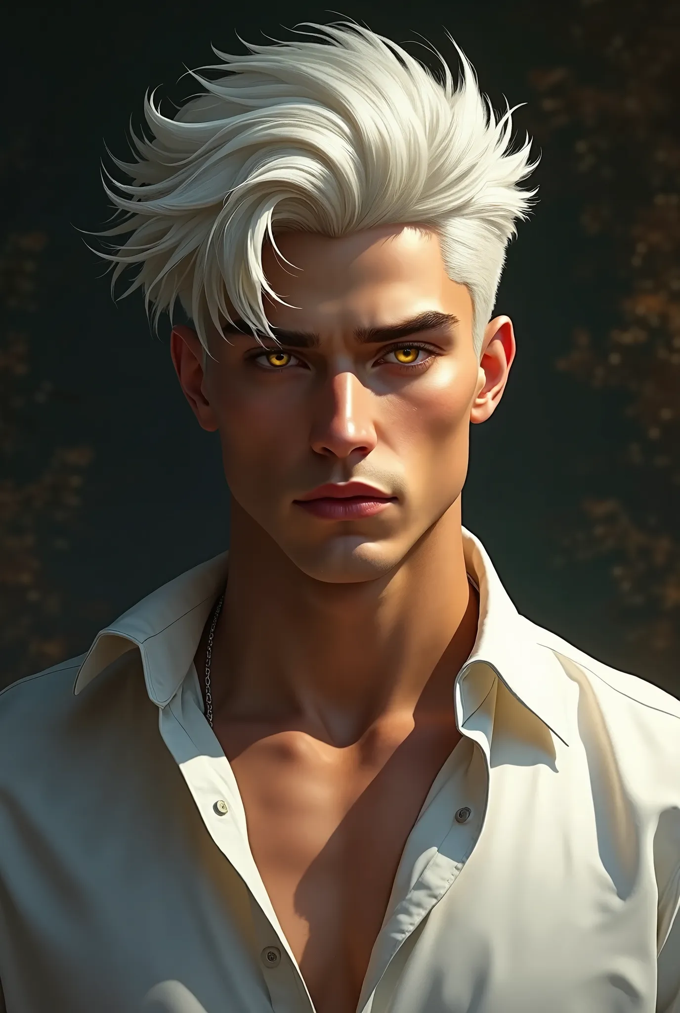 a young man, white hair, yellow eyes, wearing a white shirt, muscular chest, detailed facial features, beautiful detailed eyes, beautiful detailed lips, extremely detailed face, intricate hairstyle, realistic, photorealistic, high resolution, 8k, best qual...