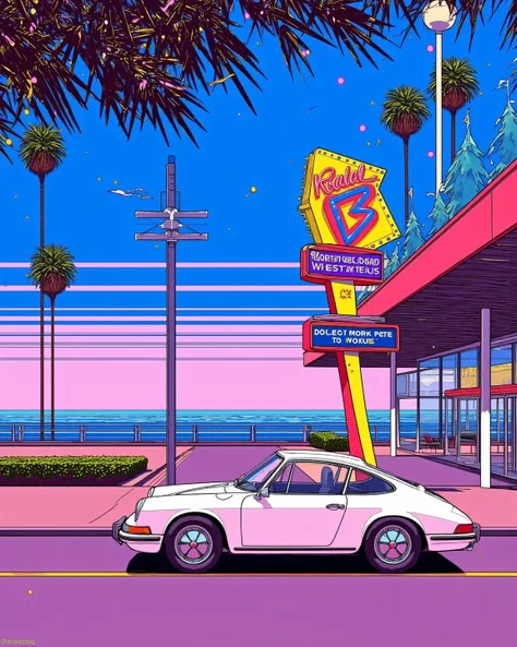 80's city pop art, summer scenery, (wind lines), palm tree, particles, from side, porsche 356, Seascape, tropical, shop, gradient sky, pink sky, early evening, belt of venus, crystal clear sea, seashore, sunset, signboard,    . (masterpiece, best quality:1...