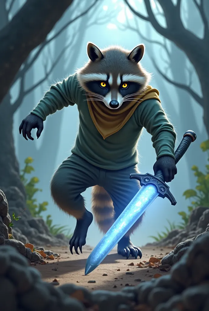 Raccoon, wearing a handkerchief, wrote that JJo was holding a running sword.