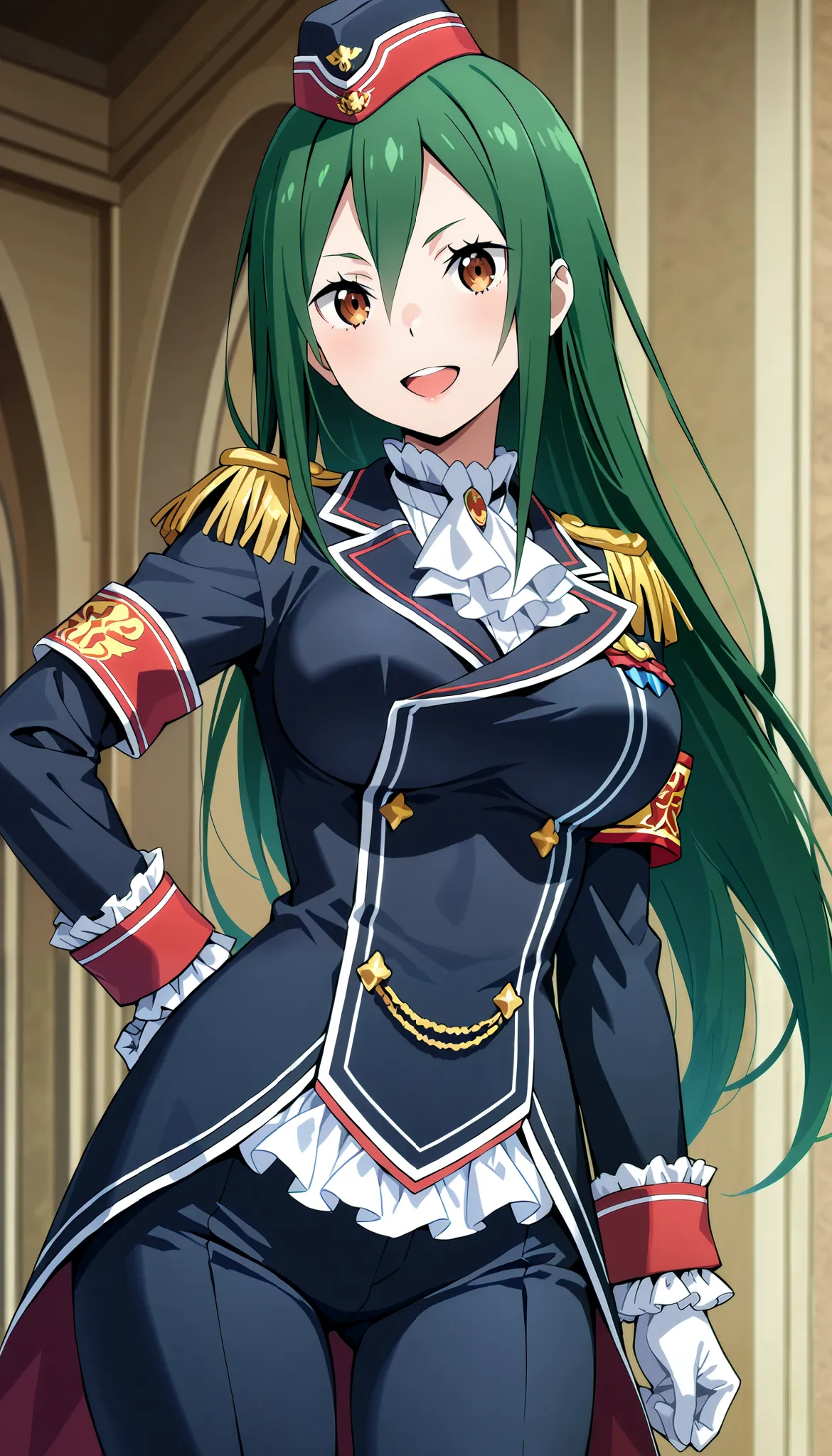 (Best Quality), (8K), (16K), (masterpiece), smooth texture, anime screencap, Re:Zero
BREAK
Crusch Karsten, 1girl, solo, long hair, hair between eyes, green hair, (brown eyes:1.2), large Breasts, slender waist
BREAK
long sleeves, garrison cap, jacket, boots...