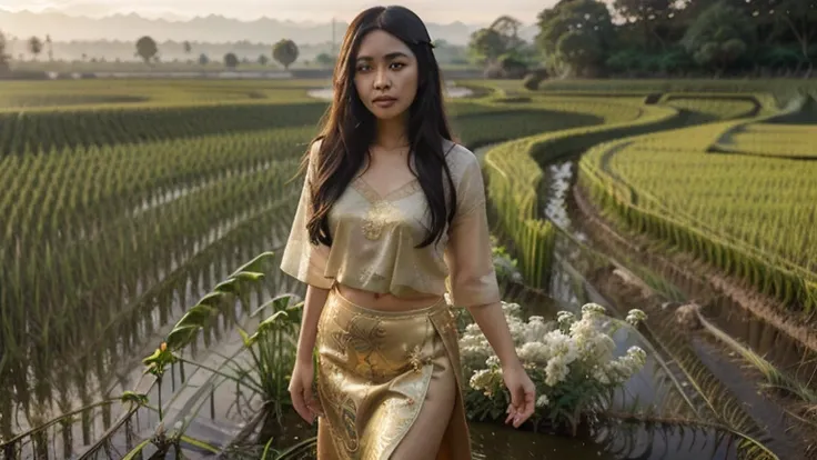 Beautiful Javanese woman with long black hair adorned with jasmine flowers, wearing green kebaya and golden batik skirt, standing in a rice field at sunrise, ethereal glow, Studio Ghibli-inspired art style."*  
