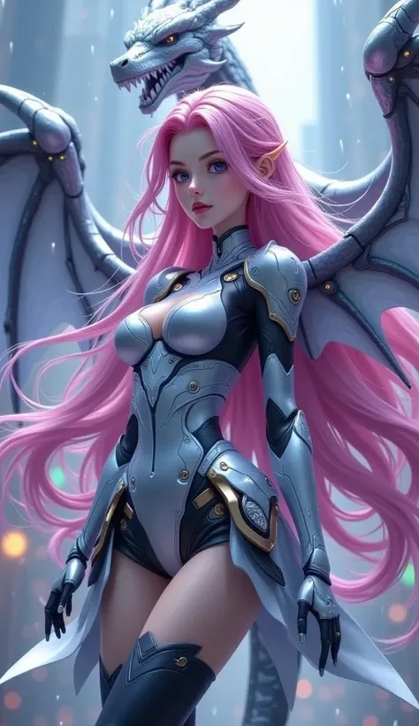 Motion Capture：1.5.Beautiful fine silver dragon, one girl, small breasts, beautiful and delicate eyes, beautiful and delicate long pink hair, wavy hair, mecha costume, robot girl, mechanical cyberpunk wings, background of the city sky, a dragon standing be...