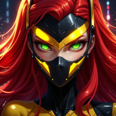 A close-up portrait of a female supervillain with long, flowing red hair and piercing green eyes, exuding intelligence and playful unpredictability. Her design incorporates a wasp-inspired theme, with a two yellow ovals augmented reality visor glowing fain...