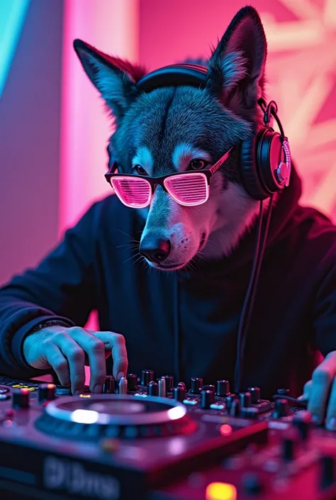  “A male DJ with large headphones and a DJ controller , with colored background lights . It may be an anthropomorphic wolf with neon glasses and cyberpunk style.  Text 'DJ Donca' in futuristic typography .”