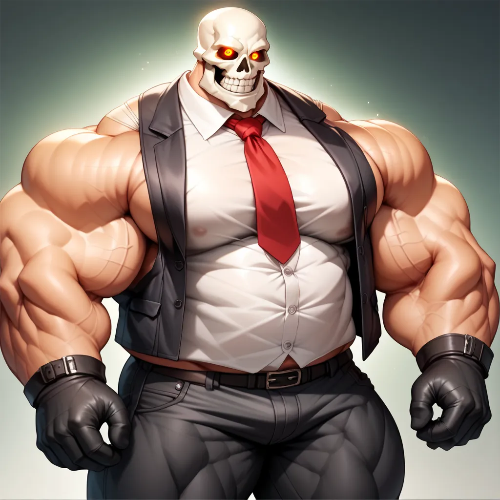 a man with a big giant musclegut tall wide body and big round gut using black vest suit, white shirt, red tie, black underpants, black gloves and skeleton head which cover every of his face. standing still, solo, very big body, very tall body, very wide bo...