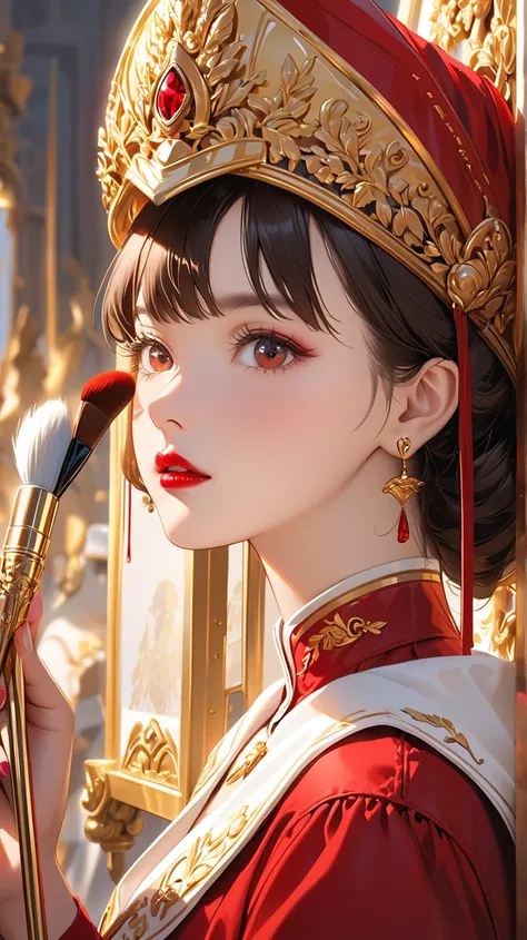 A hyper-realistic side shot of a model’s glossy red lips, perfectly smooth and bold. Miniature workers in deep red uniforms and golden helmets are carefully perfecting the lipstick. One uses a ladder to polish, another operates a crane to adjust the upper ...