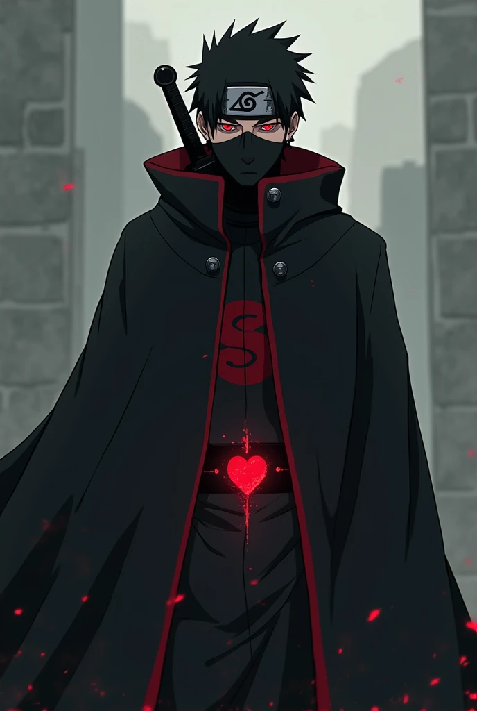 Obito wears his black cloak with red details and a mask with his eyes in it. This special symbol looks at Rain walking away dead in front of him while holding his sword while it is completely shattered with a hole in his heart