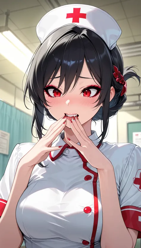 1 Female, Pretty beautiful girl, ((Wear black nurse clothes ,  black nurse clothes with red accents,  black hair, Folded braid)), Pure Bitch, Captivating Body, ( raises eyebrows,  embarrassed,   Eyeliner, blush),  sexy body,  beautiful eyes,  beautiful lip...