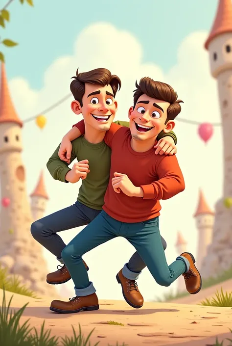 Draw two men with animated pictures .  One man is holding the other man's weight.