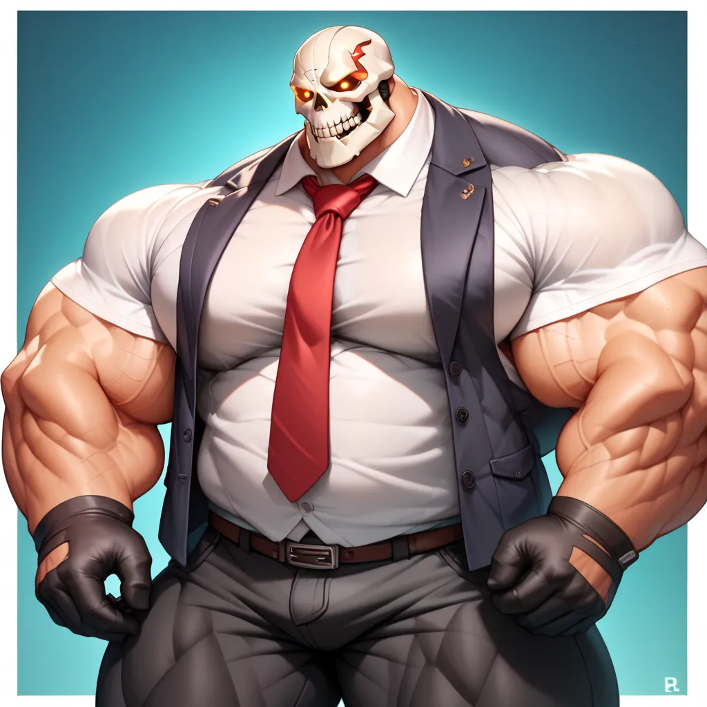 a man with a big giant musclegut tall wide body and big round gut using black vest suit, white shirt, red tie, black pants, black gloves and skeleton head which cover every of his face. standing still, solo, very big body, very tall body, very wide body, v...