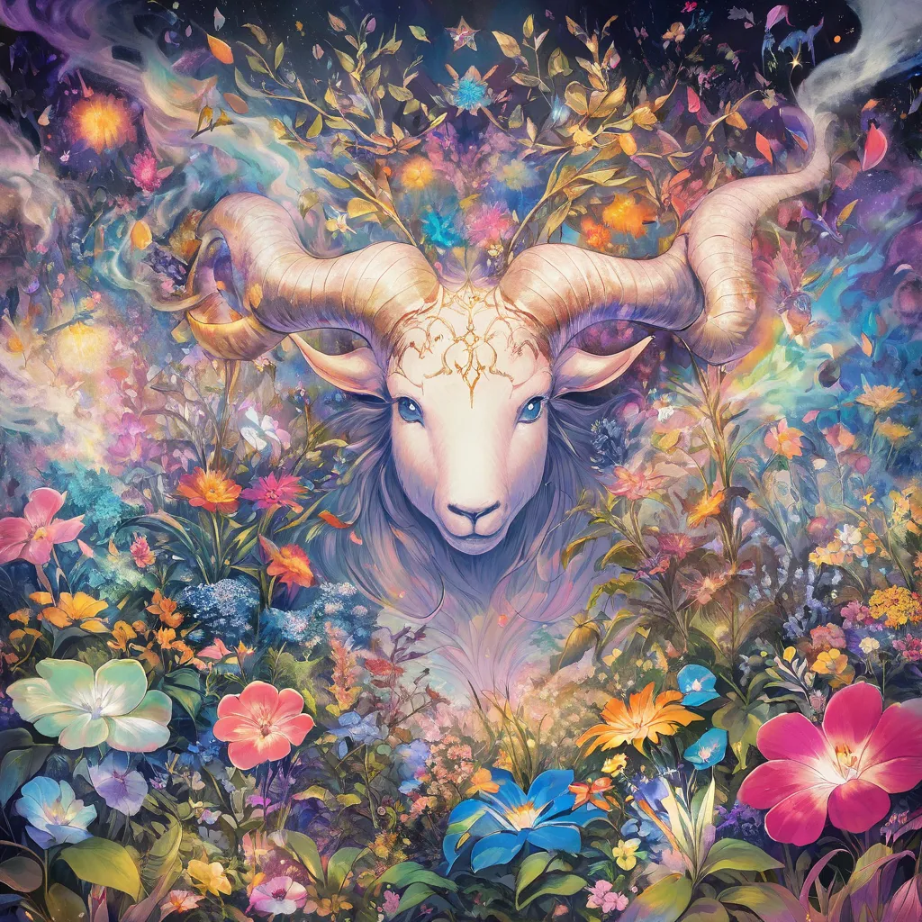  Capricorn is the goat ,  that represents the persistence and ambition of Capricorns .  The astrological symbol of Capricorn is similar to twisted horns.  in the middle of the image, Zodiac , in an enchanted forest , Brilliant smoke,  colorful flowers