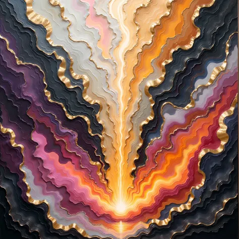   Create an abstract oil painting that represents the fusion of peace through the fusion of elemental forces.   Use an expressive explosion of colors — black  ,  White , orange, longing,   and pink — with hyper-detailed textures  .   Highlight the artwork ...