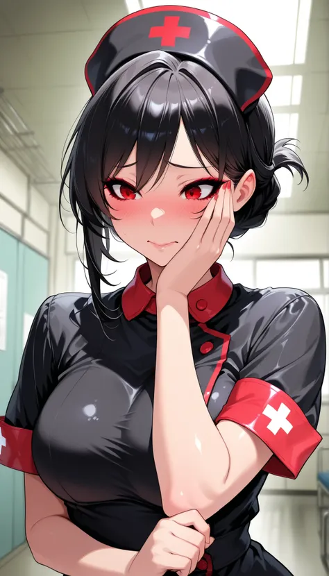 1 Female, Pretty beautiful girl, ((Wear black nurse clothes ,  black nurse clothes with red accents,  black hair, Folded braid)), Pure Bitch, Captivating Body, ( raises eyebrows,  embarrassed,  Eyeliner, blush),  sexy body,  beautiful eyes,  beautiful lips...