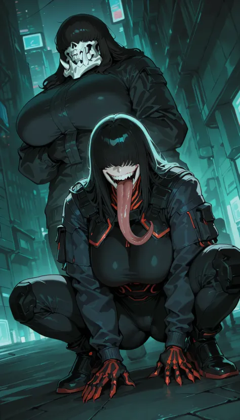 (big breasts, visible curves, pose ,Perfect face ), best quality, amazing quality, very aesthetic, cyberpunk, street style, techwear, stylized outfit, background, thick body, Milf, sagging breast, Monster woman, Japanese, long black hair, crouching, contor...