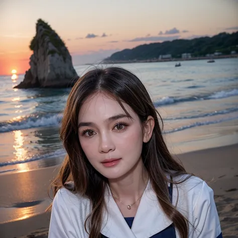 Idol-like Japanese women , long hair , perfect ,  Round face ,Bust Up , sailor uniform  ,   as shown in the picture  , Golden sand beach at sunset