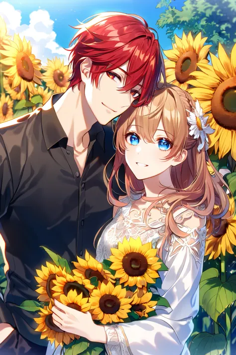 absurdres, highres, ultra detailed, HDR, master 
, best quality, delicated features, couples,male character and female character,lean on another, happy, sunflower, outside, sunny, bright, red hair male, male has red hair 

- Male character: **red hair, red...