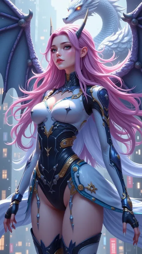 Motion Capture：1.5.Beautiful fine silver dragon, one girl, small breasts, beautiful and delicate eyes, beautiful and delicate long pink hair, wavy hair, mecha costume, robot girl, mechanical cyberpunk wings, background of the city sky, a dragon standing be...