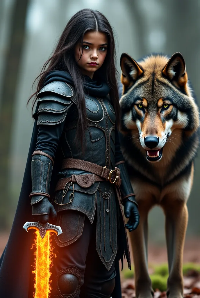 A young dark haired girl in black wolf armor. She has a fiery sword in her hands. Her posture is defensive. She has green eyes. A large wolf stands next to her and growls. His eyes burn with hatred for you. 