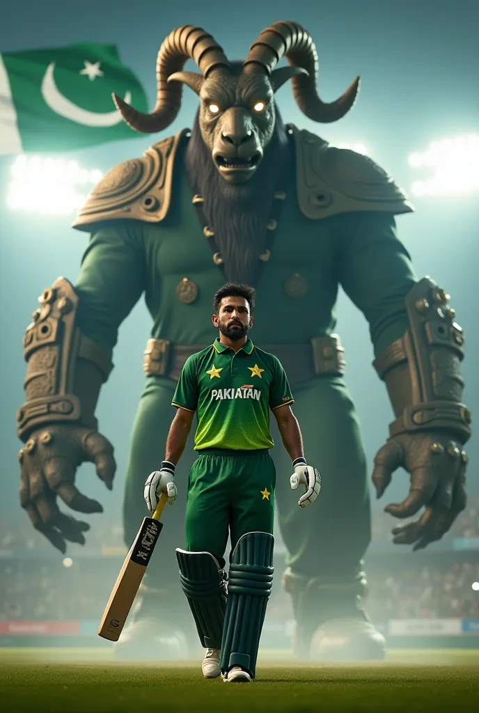 "A Pakistani cricket player in a green uniform with a gold star on his chest walks confidently on the stadium field, gripping a bat. Behind him looms a massive, imposing humanoid creature with the head of a goat, glowing white eyes, and large curved horns....