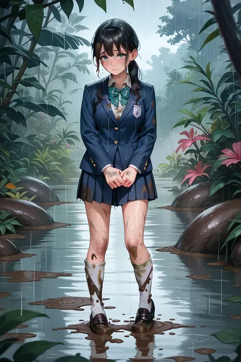  best quality,high school girl loafers((( white high socks, covered in mud, tattered,dirty,rain,soaked))) Jungle, shy, black hair, standing, blazer