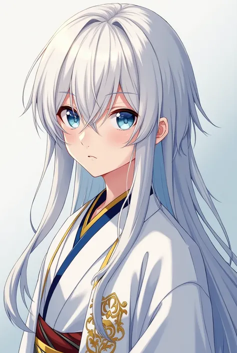  A 17-year-old boy,,  with white hair,  long hair,  fringe on the face,  shiny blue eyes, beautiful, white kimono with gold details, Beleza, straight and super groomed hair ,  Japanese anime 