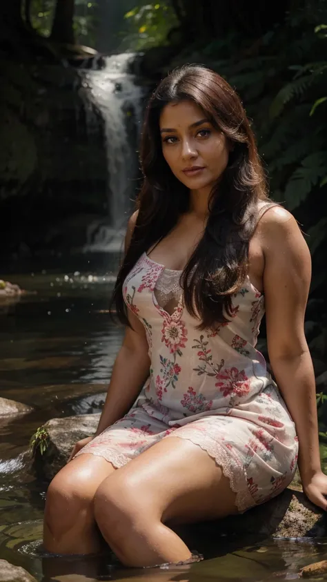 A gorgeous Indian Woman, 35 year old, (curvy figure), waterfall, posing in the swamp, sitting on rock middle of waterfall, forest, she is looking at viewer, (red Bindi on forehead), ((wearing cotton floral Nightdress with lace)), curvy figure, Detailed eye...