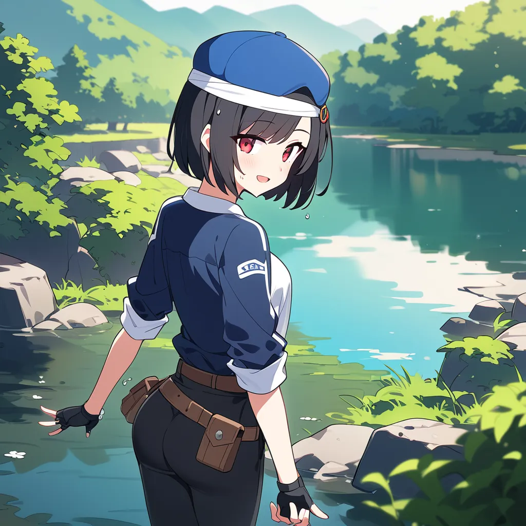 score_9、score_8_up 、score_7_up 、source_anime、 1 girl、solo、 black hair short、 bob cut 、(amount)、(Hairpin parted to the center of the bangs )、 red eyes、Petite、smile、 open your mouth、Blue Cap、 the ( black jacket with rolled up sleeves she is wearing)、 fingerl...