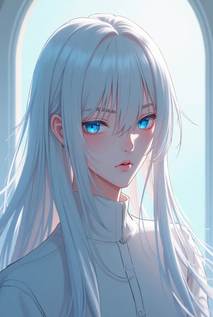  A 17-year-old boy,,  with white hair,  long hair,  fringe on the face,  shiny blue eyes, beautiful, Beleza, straight and super groomed hair ,  Japanese anime .