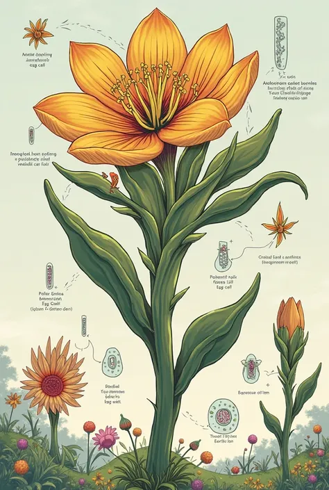 Create a comic for a biology lesson on the topic of double fertilization of flowers without text on the picture