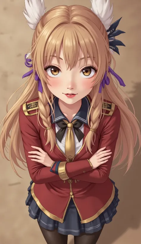 (masterpiece, best quality:1.2), cowboy shot, solo, 1girl, alicia melchiott, smile, looking at viewer, crossed arms, twintails, headdress, military uniform, necktie, thighhighs