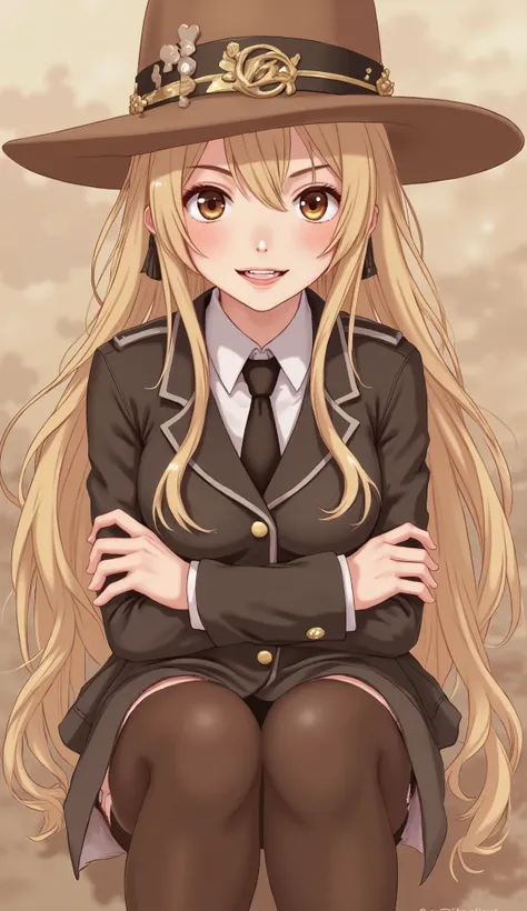 (masterpiece, best quality:1.2), cowboy shot, solo, 1girl, alicia melchiott, smile, looking at viewer, crossed arms, twintails, headdress, military uniform, necktie, thighhighs