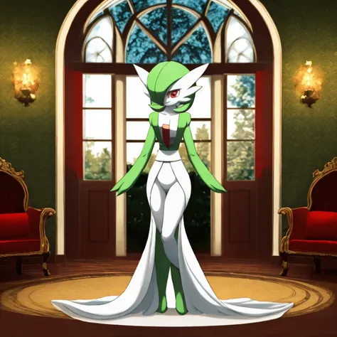  best quality,  Gardevoir, Pokémon, 1 ,  alone, short height,   red eyes,   green hair ,   beautiful, small mouth, blink, thin, ,   slender body, thin legs,   looking at the viewer ,  blurry background,  magical kingdom , casting magic,  psychic magic ,  f...